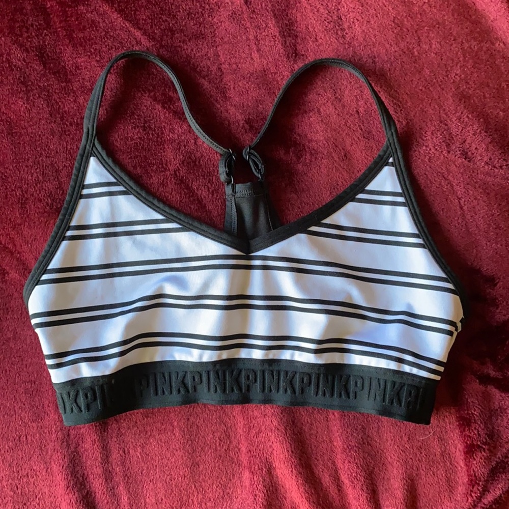 Brand Pink sports bra. White and black striped. L/G